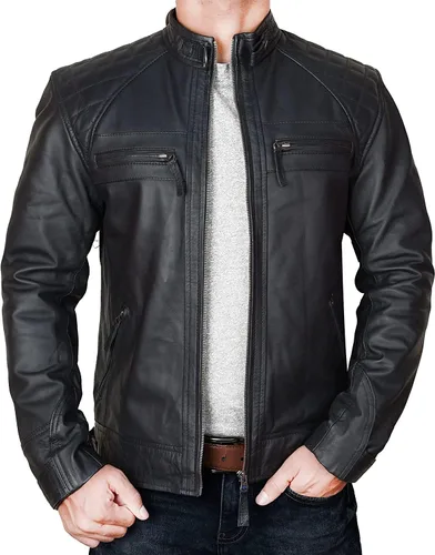 Vista 7 de Men's Café Racer Retro Diamond Quilted Exotic Vintage Motorcycle Biker Style Lambskin Leather Jacket