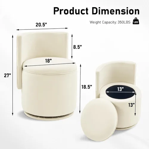 Vista 3 de Furniliving Silla de tocador de terciopelo con almacenamiento, silla giratoria de 360° con respaldo ondulado, moderno taburete de tocador de barril