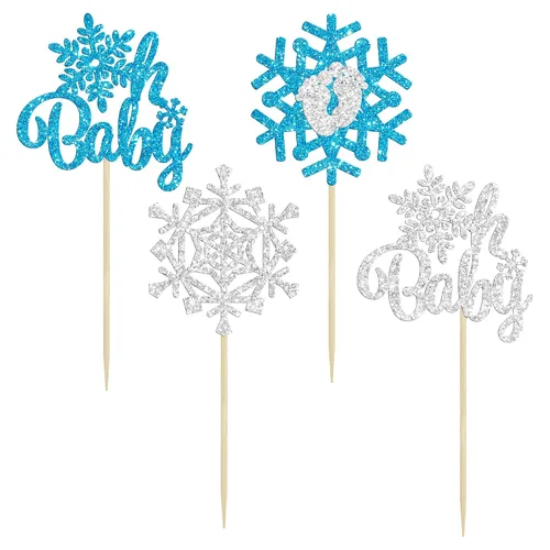 Vista 4 de Gyufise 24 piezas de copos de nieve Oh Baby Cupcake Toppers Glitter Winter Frozen Baby Shower Cupcake Picks para invierno, país de las maravillas