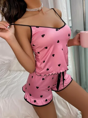 Vista 3 de WDIRARA Conjunto de pijama de satén de 2 piezas con estampado de corazón de contraste para mujer