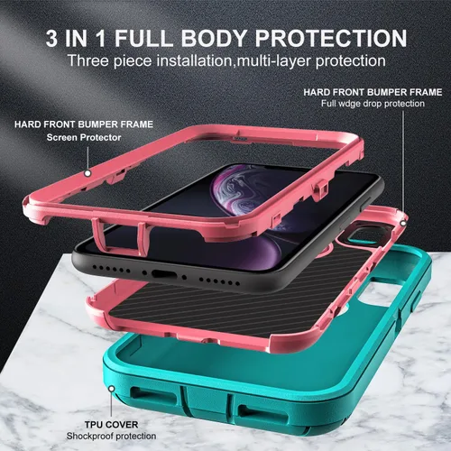 Vista 4 de YKHJKLEC Funda para iPhone XR, grado militar 3 en 1, resistente a los golpes, a prueba de caídas, polvo con 2 protectores de pantalla de vidrio Azul