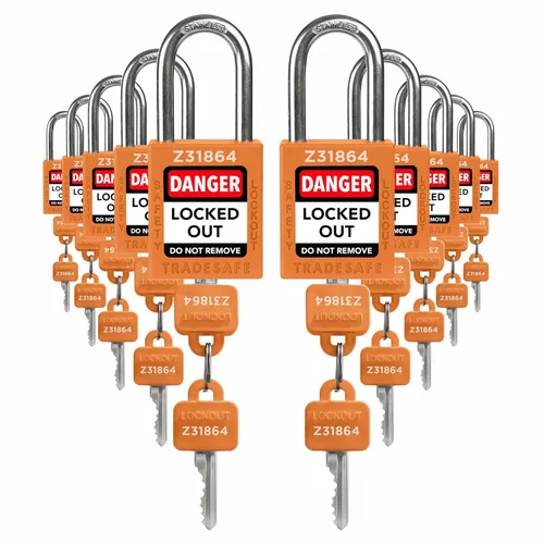 Vista 12 de TRADESAFE Juego de cerraduras de bloqueo - 7 candados iguales con llave roja, 2 llaves por cerradura, cerraduras Loto compatibles con OSHA