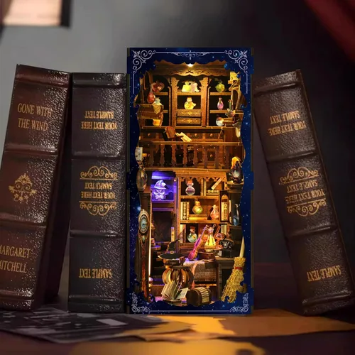 Vista 5 de Kit de Rincón de Libros - Kit de Manualidades de Casa en Miniatura con Muñecas, Muebles y Luz LED, Separadores de Libros de Arte en Madera 3D