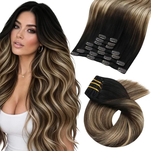 Vista 19 de Moresoo Extensiones de cabello humano con clip, balayage, color marrón oscuro a marrón dorado con clip, extensiones de cabello humano con clip, 5