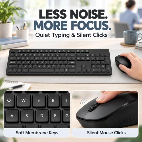 Vista 4 de LeadsaiL Combo de teclado y mouse inalámbricos, teclado ergonómico de tamaño completo para computadora, teclado inalámbrico de 2.4GHz, mouse Negro