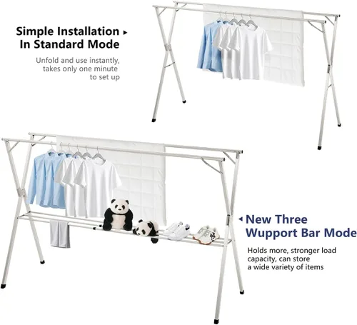 Vista 3 de Estante de secado de ropa plegable de 63 pulgadas, estante de secado de ropa resistente de acero inoxidable para interiores y exteriores, estante