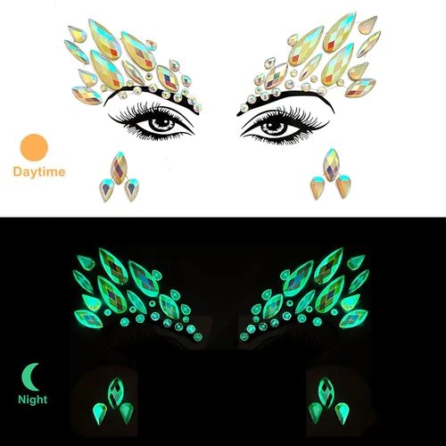 Vista 3 de Gemas faciales 4 hojas de joyas para la cara pegadas en diamantes de imitación, calcomanías de cristal luminoso, piedras preciosas temporales