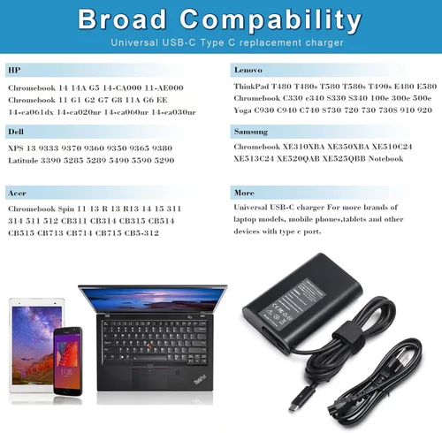 Vista 5 de Cargador USB-C tipo C de 65 W para Dell XPS 13 9350 9360 9365 9370 9380 12 9250 Latitude 7275 7370 5175 5285 5290 7390 2 en 1 LA65NM170 HA66 5NM17 0