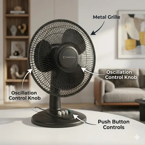 Vista 4 de Comfort Zone - Ventilador de mesa oscilante con inclinación ajustable, controles convenientes de botón de presión, silencioso, de 12 pulgadas, 3