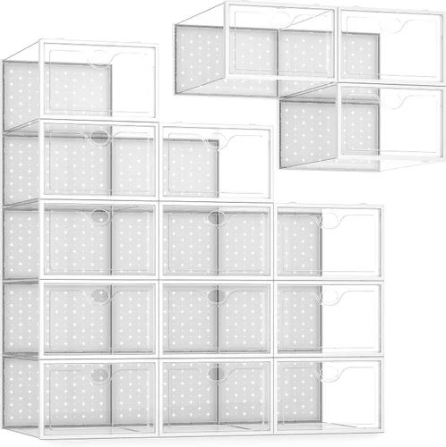 Vista 10 de Pinkpum Caja organizadora de almacenamiento extragrande para zapatos y zapatillas, 12 unidades, de plástico transparente, apilable, color negro