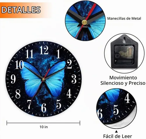 Vista 2 de Mxocom Reloj de pared de mariposa azul con grandes alas, mariposa volando a través del cielo estrellado, reloj silencioso sin tictac de 10 pulgadas