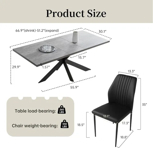Vista 7 de ZckyCine Juego de mesa de comedor rectangular moderna para 6 a 8 personas, mesa de comedor con marco de metal expandible de 51 a 67 pulgadas