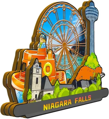 Vista 2 de Imán de nevera con imán de las cataratas del Niágara de Canadá, monumentos de madera 3D, recuerdos coleccionables, decoración hecha a mano -1335