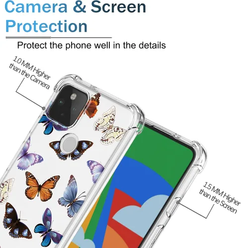 Vista 3 de Funda para Google 5 Pixel 5 con esquinas de cojín de aire, patrón floral TPU suave transparente, parachoques a prueba de golpes, funda protectora