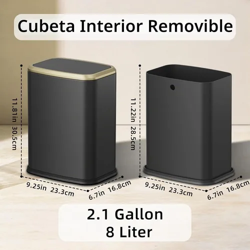 Vista 6 de Cubo de basura pequeño para baño de 8L/2.1 galones con tapa, cubo de basura rectangular con tapa abatible, cubo de basura de acero inoxidable