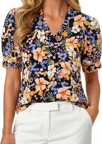 Vista 11 de GRACE KARIN Blusas florales bohemias para mujer, camisas casuales de verano de manga corta abombada, blusa de trabajo de vacaciones con cuello en V