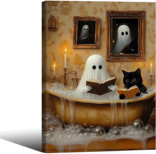 Vista 27 de Lienzo enmarcado negro para pared, póster de Halloween Dark Academia, pintura de gato negro, fantasma en la bañera, imágenes góticas de terror