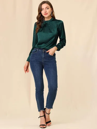 Vista 3 de Allegra K Blusa de satén de manga larga abombada con volantes y cuello torcido para mujer