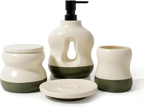 Vista 10 de BosilunLife Juego de 4 accesorios de baño de cerámica, dispensador de jabón Beige con negro.