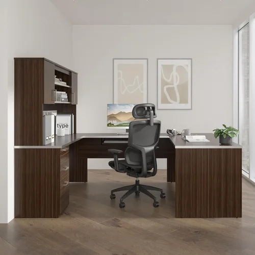 Vista 2 de Bestar Ridgeley - Escritorio ejecutivo en forma de U con pedestal y gabinete, 65 W, chocolate oscuro