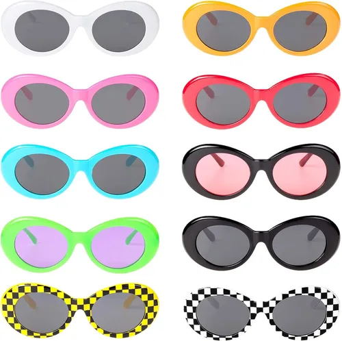 Vista 4 de CICINUJOY Paquete de 10 lentes ovalados retro Mod con marco grueso, lentes redondos, a cuadros, para mujeres, niñas, hombres, adolescentes, niños