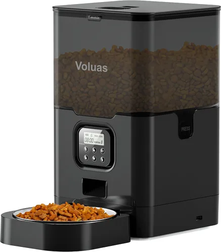 Vista 9 de VOLUAS Comedero automático para gatos, dispensador de alimentos secos con Negro transparente