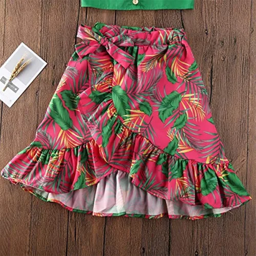 Vista 4 de Conjunto de ropa bohemia de verano con tirantes y hombros verdes para niña pequeña + falda larga con volantes florales