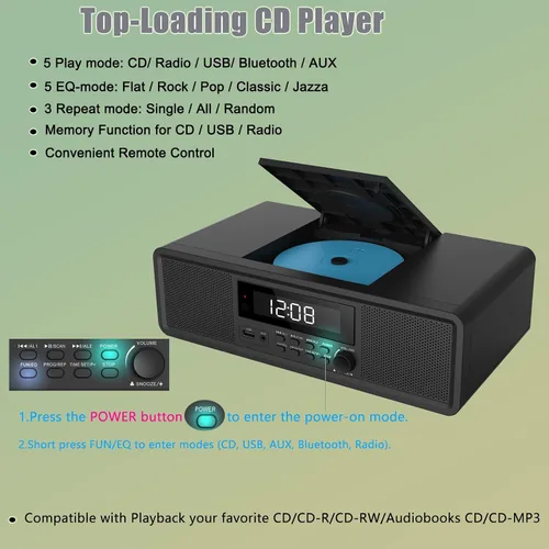 Vista 4 de Sistema estéreo compacto con reproductor de CD, Bluetooth, reloj de alarma dual, radio FM, sonido claro de 20W RMS, entrada USB/AUX, función
