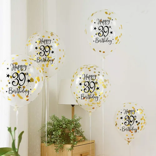 Vista 2 de Globos dorados de látex con confeti del número 39, decoración de globos de fiesta de cumpleaños de 39 años para mujer u hombre, 12 pulgadas, paquete