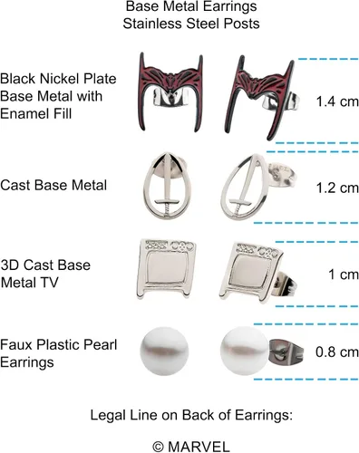 Vista 6 de Marvel Studios - Juego de aretes de acero inoxidable con base de metal para mujer, con licencia oficial de WandaVision, se vende en 4 pares
