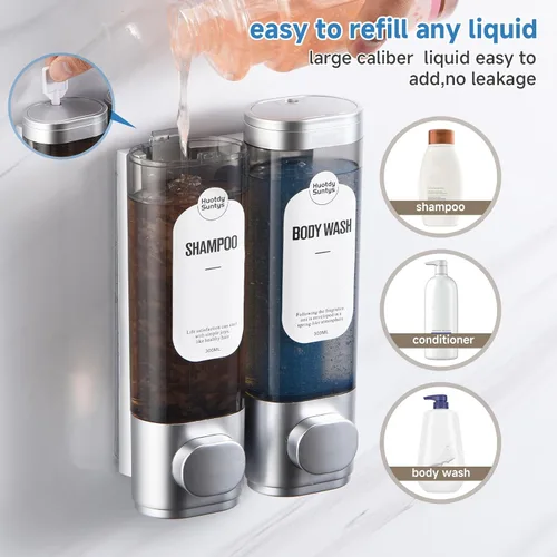 Vista 2 de Dispensador de champú y acondicionador, dispensadores de jabón de ducha recargables, 2 cámaras, sin taladro, dispensador de champú para ducha