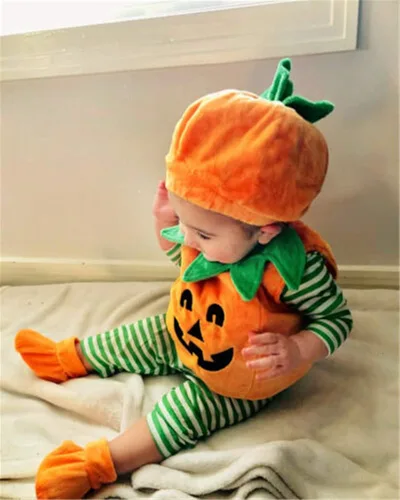 Vista 2 de Disfraz de calabaza de Halloween para bebé, camiseta sin mangas con sombrero