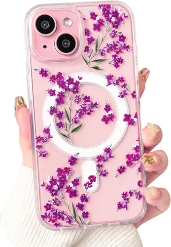 Vista 29 de NITITOP Funda magnética transparente compatible con iPhone 14 Plus/15 Plus, compatible con MagSafe lindas flores, hojas florales para mujeres