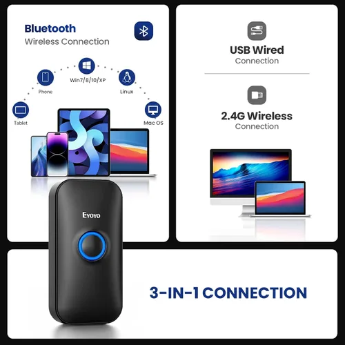 Vista 5 de Eyoyo Mini escáner de código de barras Bluetooth 1D, 3 en 1 Bluetooth y USB con cable y lector de código de barras inalámbrico 2.4G Escáner de Negro