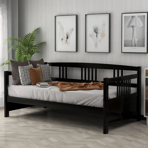 Vista 4 de Merax Sofá Cama Individual con Listones de Madera Soporte Sofá Cama Moderno para Sala de Estar con Rieles, Tamaño Individual, Espresso Oscuro