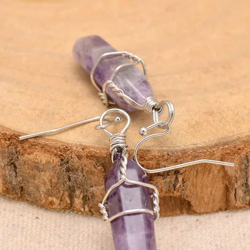 Vista 10 de Pendientes de cristal de punta envuelta en alambre de piedra pulida para mujer Reiki Energy Healing