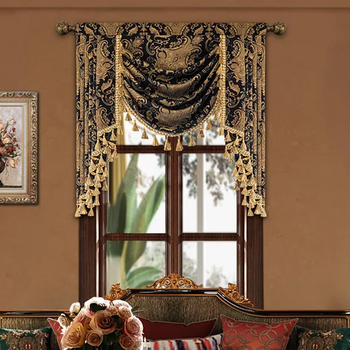 Vista 21 de Loom and Mill Cenefa de cascada de lujo de jacquard para sala de estar, elegantes cenefas de ventana con festones y cuentas damascadas, cortinas