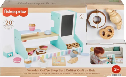Vista 6 de Fisher-Price Wood Pretend Play Coffee Shop & Toy Register, juego de comida de madera de 20 piezas para niños preescolares a partir de 3 años