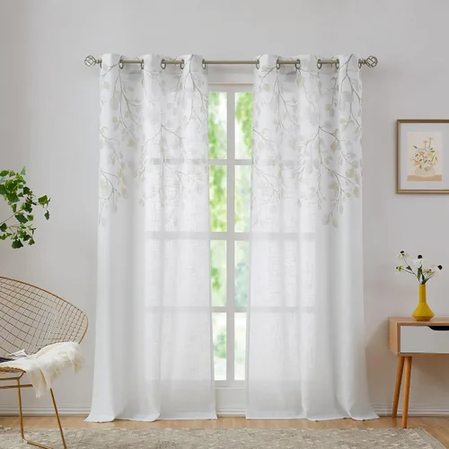 Vista 16 de Central Park Panel de Cortina de Ventana de Lino Transparente Metálico con Estampado Floral de Hojas para Sala de Estar Rústica/Dormitorio Paneles