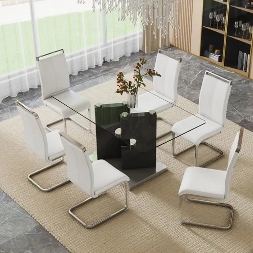 Vista 20 de Juego de 4 mesas de comedor de cristal, juego de mesa de comedor de Mesa negra+silla negra