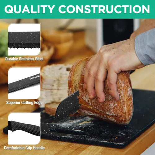 Vista 5 de HAUSHOF Juego de cuchillos de cocina, 5 piezas con bloque de acrílico, juego de cuchillos negros con revestimiento de teflón para la cocina, juego