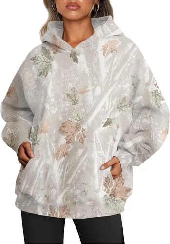 Vista 2 de Jielayou Sudadera de gran tamaño con capucha de camuflaje para mujer, con estampado de hojas de arce, sudadera con capucha de forro polar