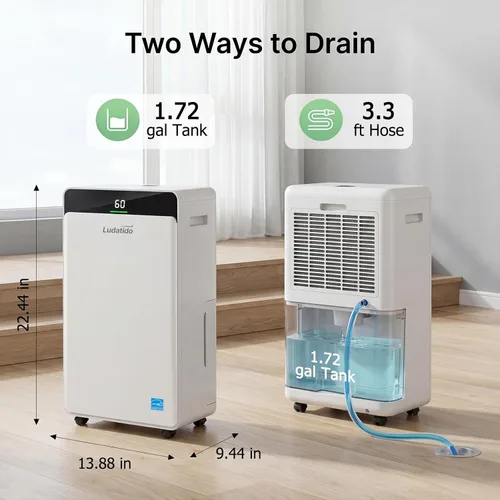 Vista 3 de Ludatido Deshumidificador ENERGY STAR actualizado 2026, 80 pintas/día, 5000 pies cuadrados para toda la casa y sótano, tanque de 1.72 galones
