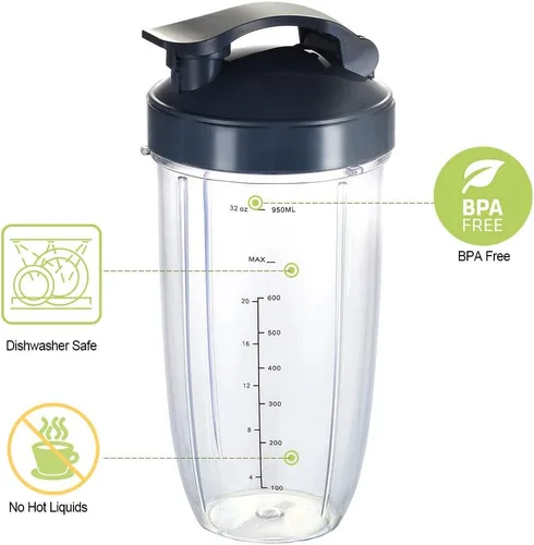 Vista 3 de Vasos de repuesto para licuadora Nutribullet de 32 onzas con 2 tapas abatibles para llevar y 2 juntas de goma, compatibles con licuadoras Nutri