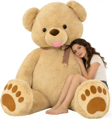 Vista 7 de Tezituor Oso de peluche gigante de 5 pies, suave y tierno oso marrón claro con patas grandes y pajarita, para novia o día de San Valentín