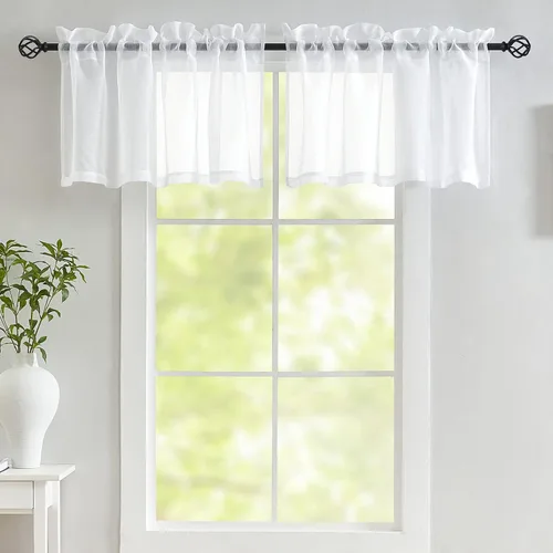 Vista 8 de Luvyohmee Cortinas de cenefa para ventanas, 2 paneles de 18 pulgadas de largo, semitransparentes con aspecto de lino, bolsillo para cortinero