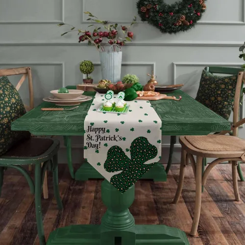 Vista 2 de Z&L Home Camino de mesa del día de San Patricio, bufandas, trébol verde trébol para cocina, decoración de mesa de comedor, decoración irlandesa