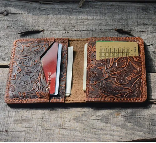 Vista 6 de JJNUSA Cartera de cuero minimalista hecha a mano para hombre, tarjetero, carteras desgastadas para regalos, Flor café., Minimalista