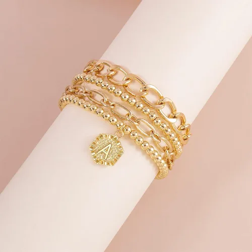 Vista 7 de Pulseras chapadas en oro para mujer, pulseras con inicial de oro, juego de pulseras apilables de cuentas en capas de oro, pulseras lindas, Ágata