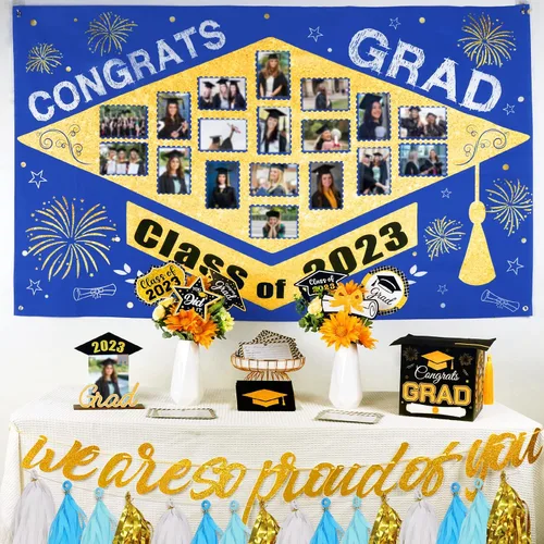 Vista 8 de Decoraciones para fiestas de graduación 2023, juego de 60 piezas: telón de fondo grande para foto, caja de tarjetas de graduación, palos de centro